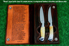 Steak knives pair in "book" type case of leather shoulder, engraved leather