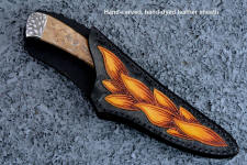 "Talitha" obverse side view in 440c high chromium stainless steel blade, hand-engraved 304 stainless steel bolsters, Fossil Cretaceous Algae Jasper gemstone handle, hand-carved, hand-dyed leather sheath