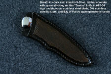 "Temno" fine handmade knife, sheathed view in panel inlaid shark skin in 9-10 oz. leather shoulder, nylon thread