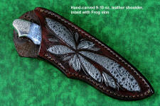 "Thuban" custom knife, obverse side view in CPM154CM powder metal technology, T3 cryogenically treated stainless steel blade, hand-engraved 304 stainless steel bolsters, Moss Agate gemstone handle, hand-carved leather sheath inlaid with frog skin