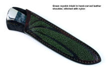 "Zeta" fine handmade custom knife in T3 cryogenically treated ATS-34 high molybdenum stainless steel blade, 304 stainless steel bolsters, Indian Green Moss Agate gemstone handle, hand-carved leather sheath inlaid with green rayskin