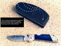"Pinon" lock back folding knife with custom case in American Black Walnut, brass, Sodalite gemstone
