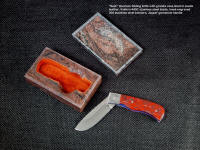 "Sadr" linerlock folding knife with custom case. Knife is jasper, hand-engraved stainless steel, garnet, display case of hand-carved and polished granites lined with suede leather