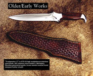 "Treatymaker LT" obverse side view: ATS-34 high molybdenum stainless steel double edged hollow ground blade, 304 stainless steel bolsters, Mahogany Obsidian gemstone handle, Basket weave hand-stamped leather sheath