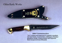 "Tyr" fine handmade SWAT custom commemorative, working knife, locking sheath, engraved, blued steel and gemstone handle